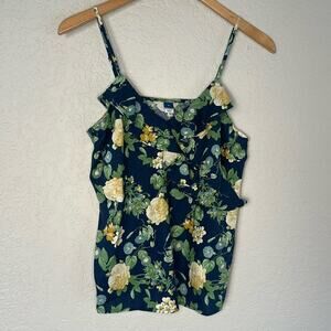 Old Navy Linen Babydoll Camisole Tank Top Floral Blue Yellow Greece Italy Y2K